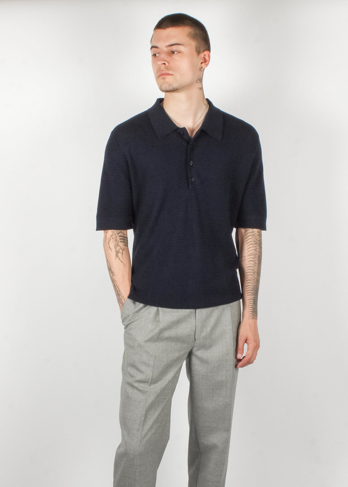 men’s navy weave knit polo shirt