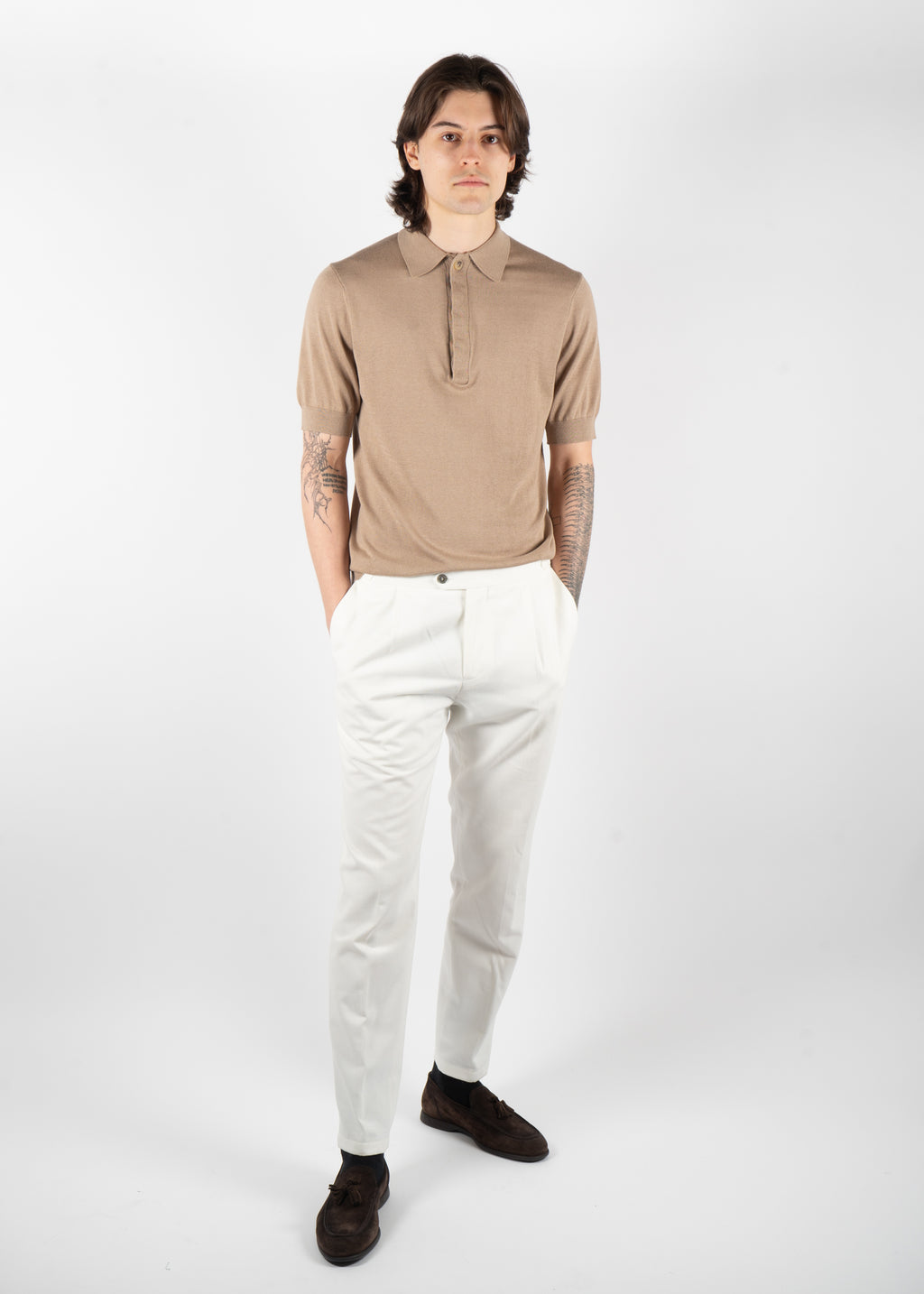 beige knit polo shirt concealed placket