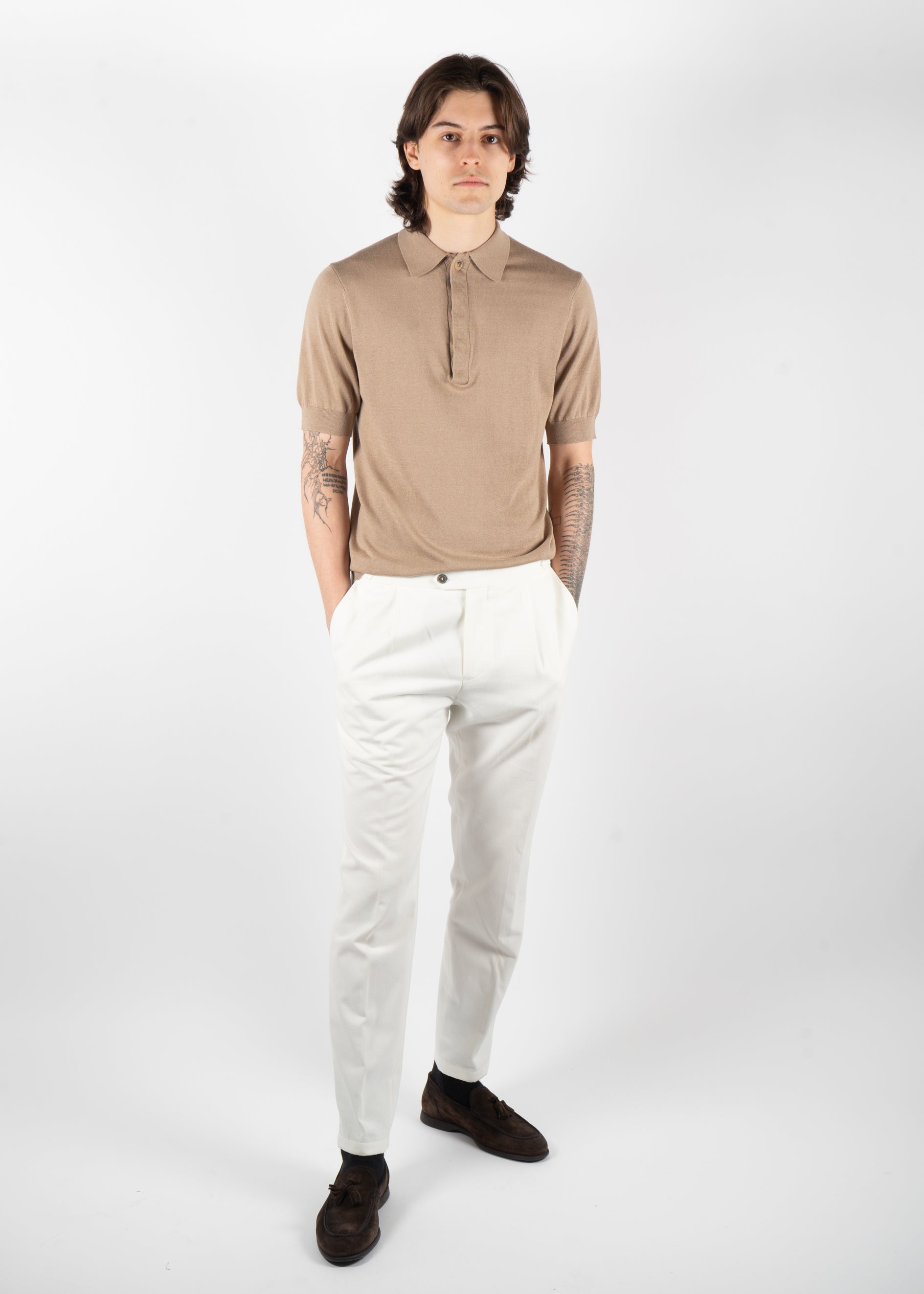 beige knit polo shirt concealed placket
