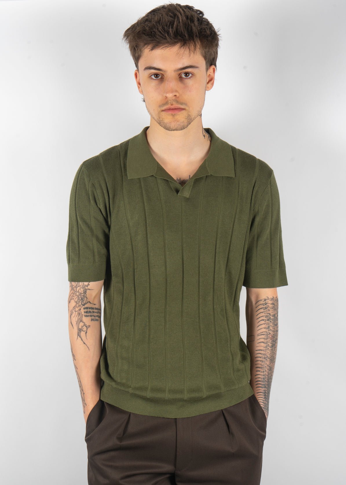 men’s silk cashmere knit polo olive