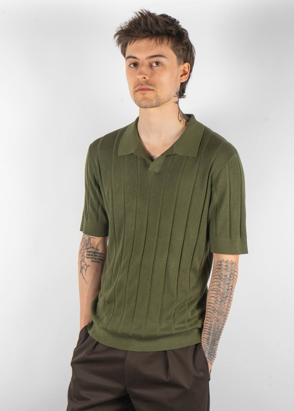 men’s silk cashmere knit polo olive