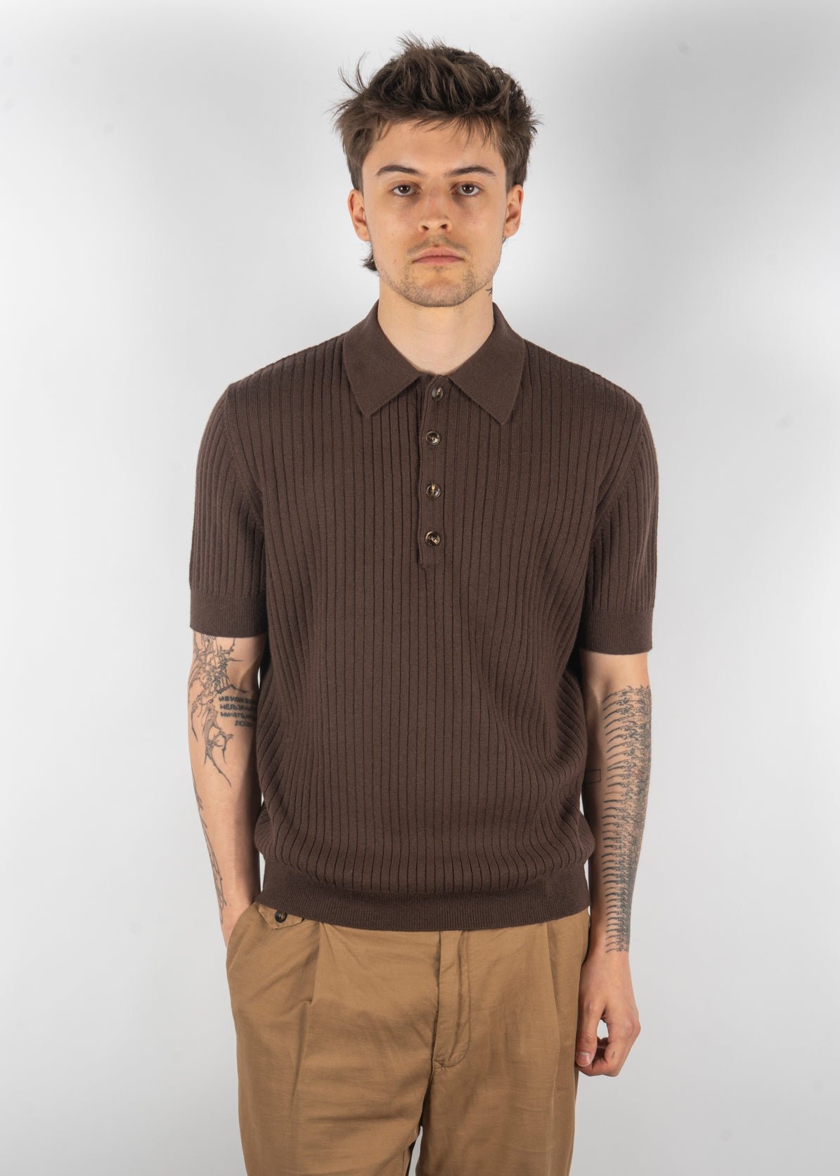 men’s ribbed knit polo shirt mocha brown