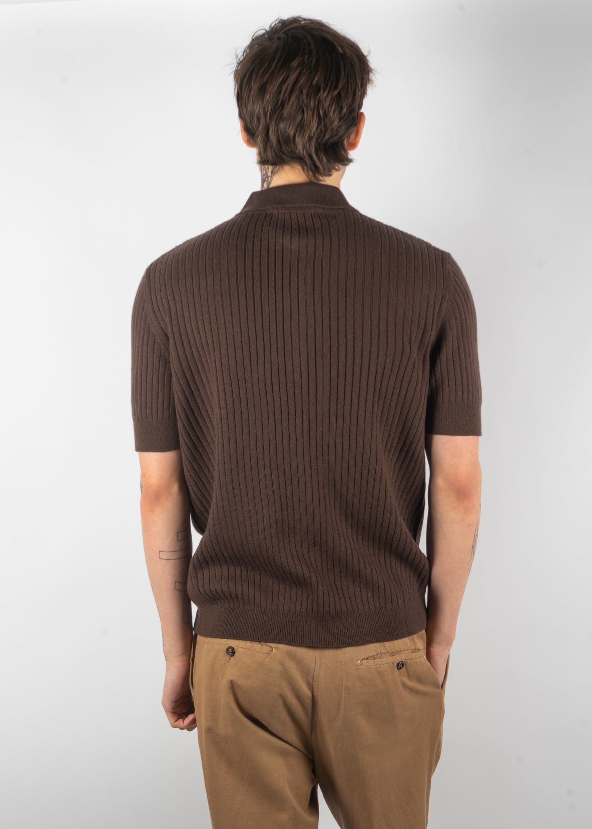 men’s ribbed knit polo shirt mocha brown