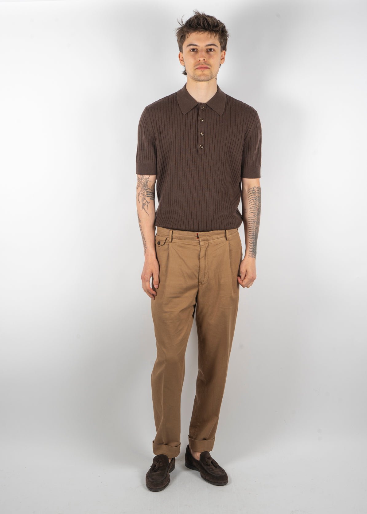 men’s ribbed knit polo shirt mocha