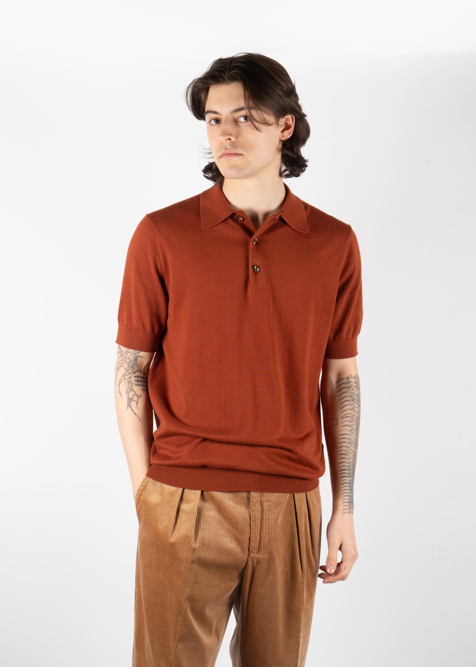 men’s rust knit polo shirt