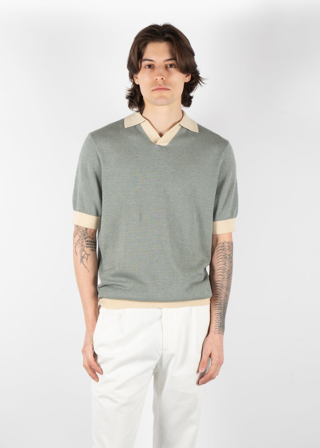 men’s textured knit polo shirt blue beige