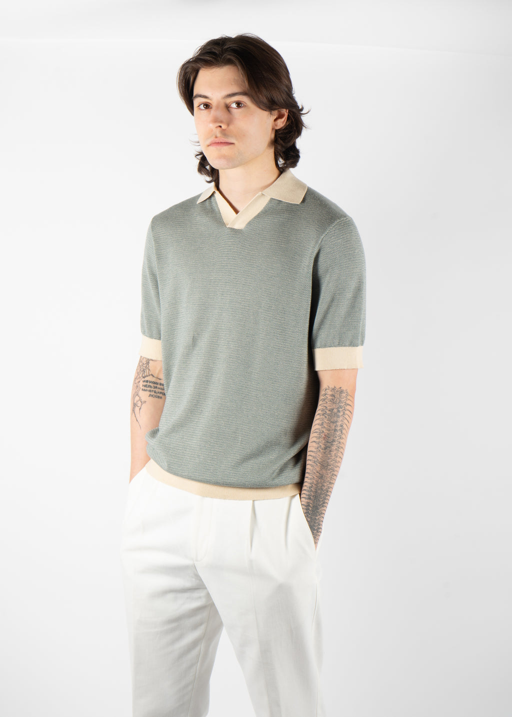 men’s knit polo blue beige