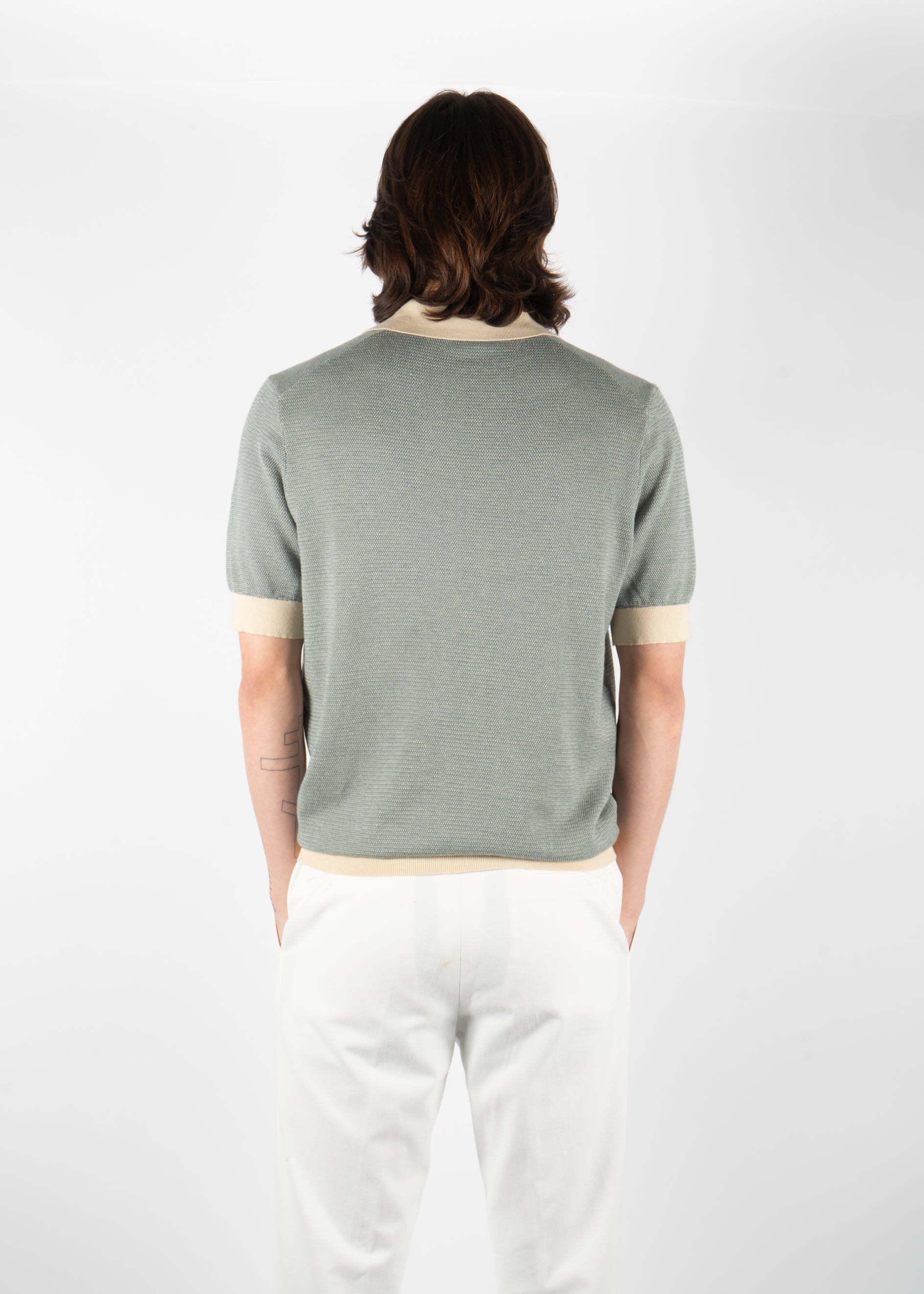 men’s textured knit polo shirt blue beige