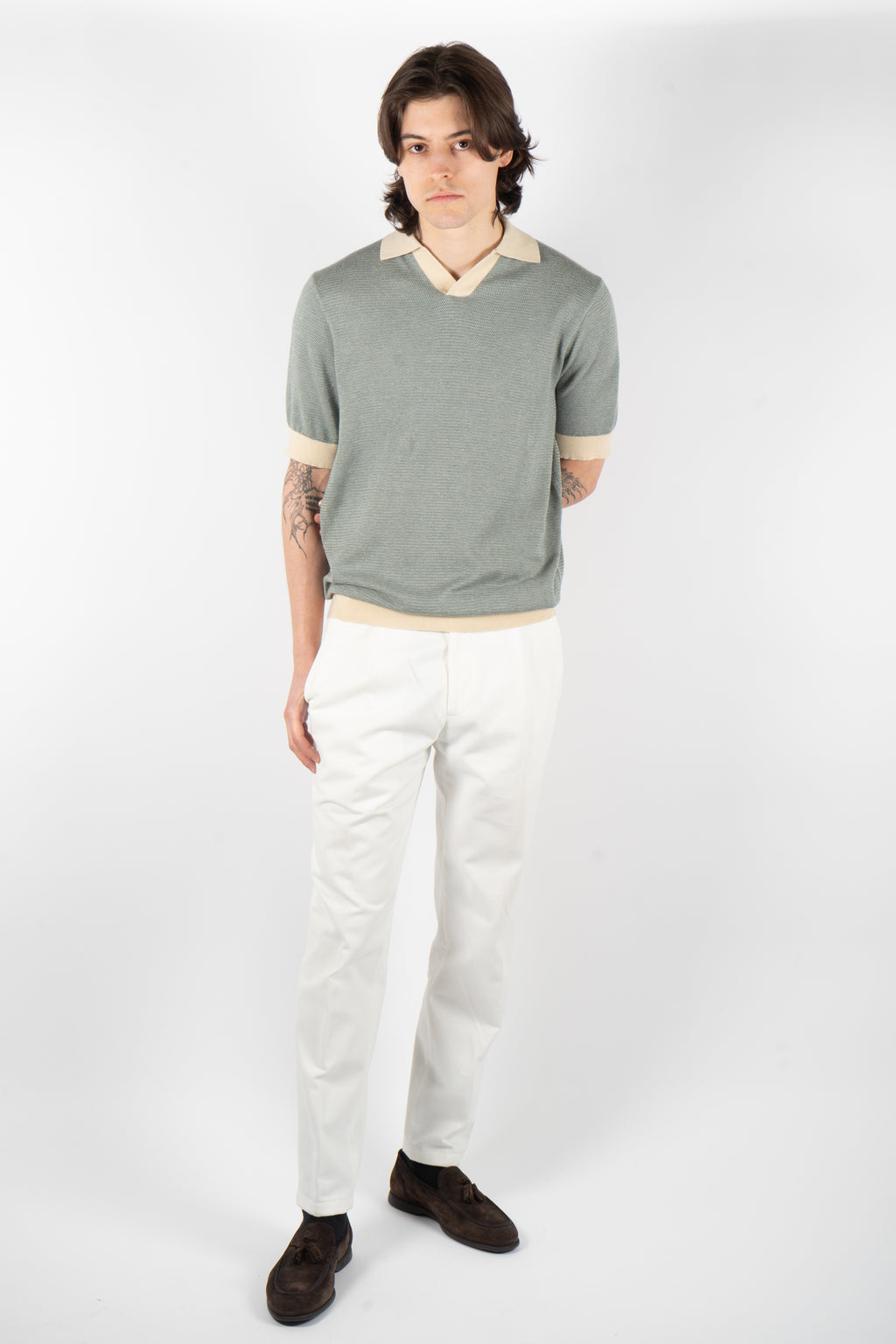 men’s textured knit polo shirt blue beige