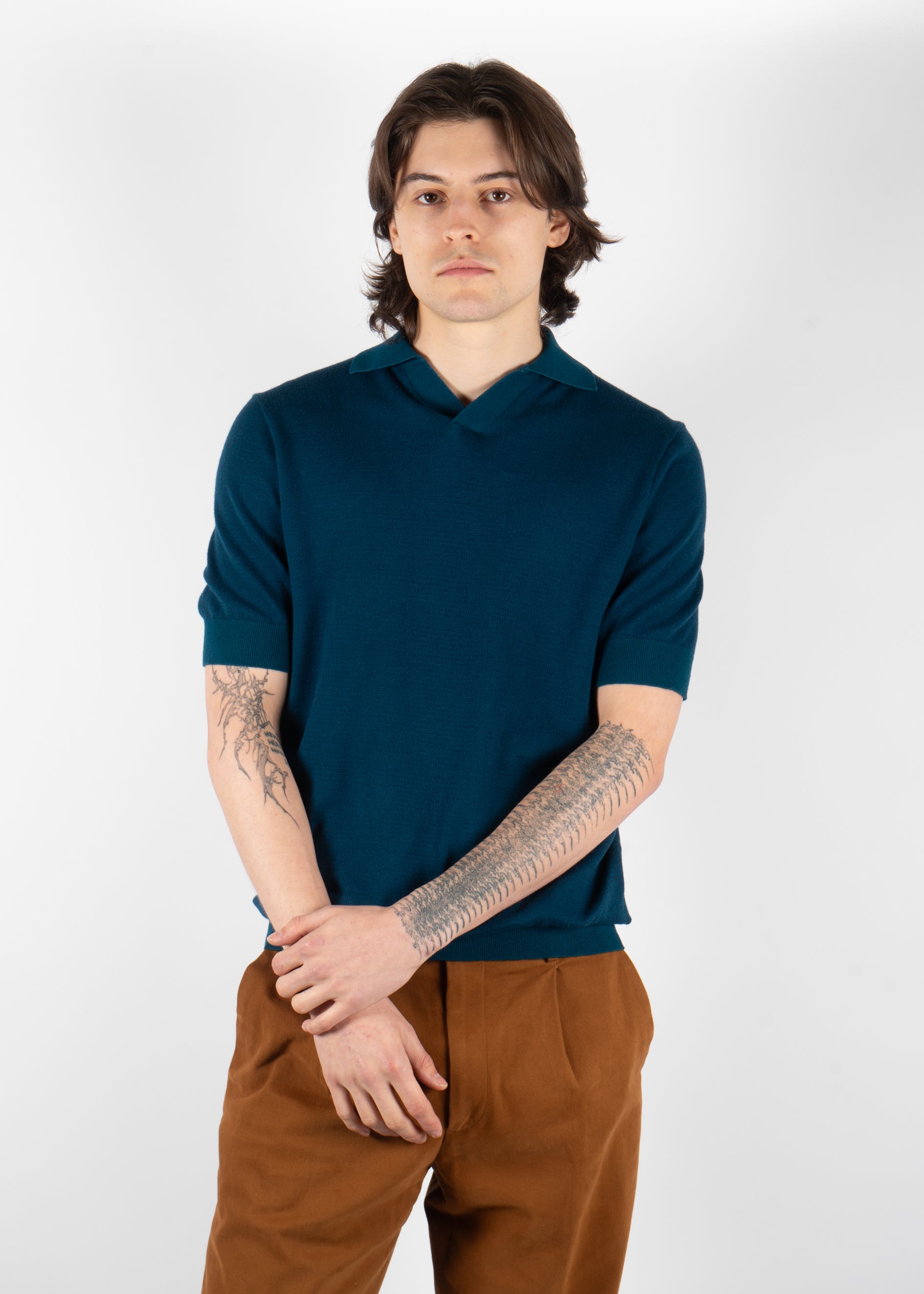 Amalfi Knitted Jacquard Polo Shirt Teal Blue