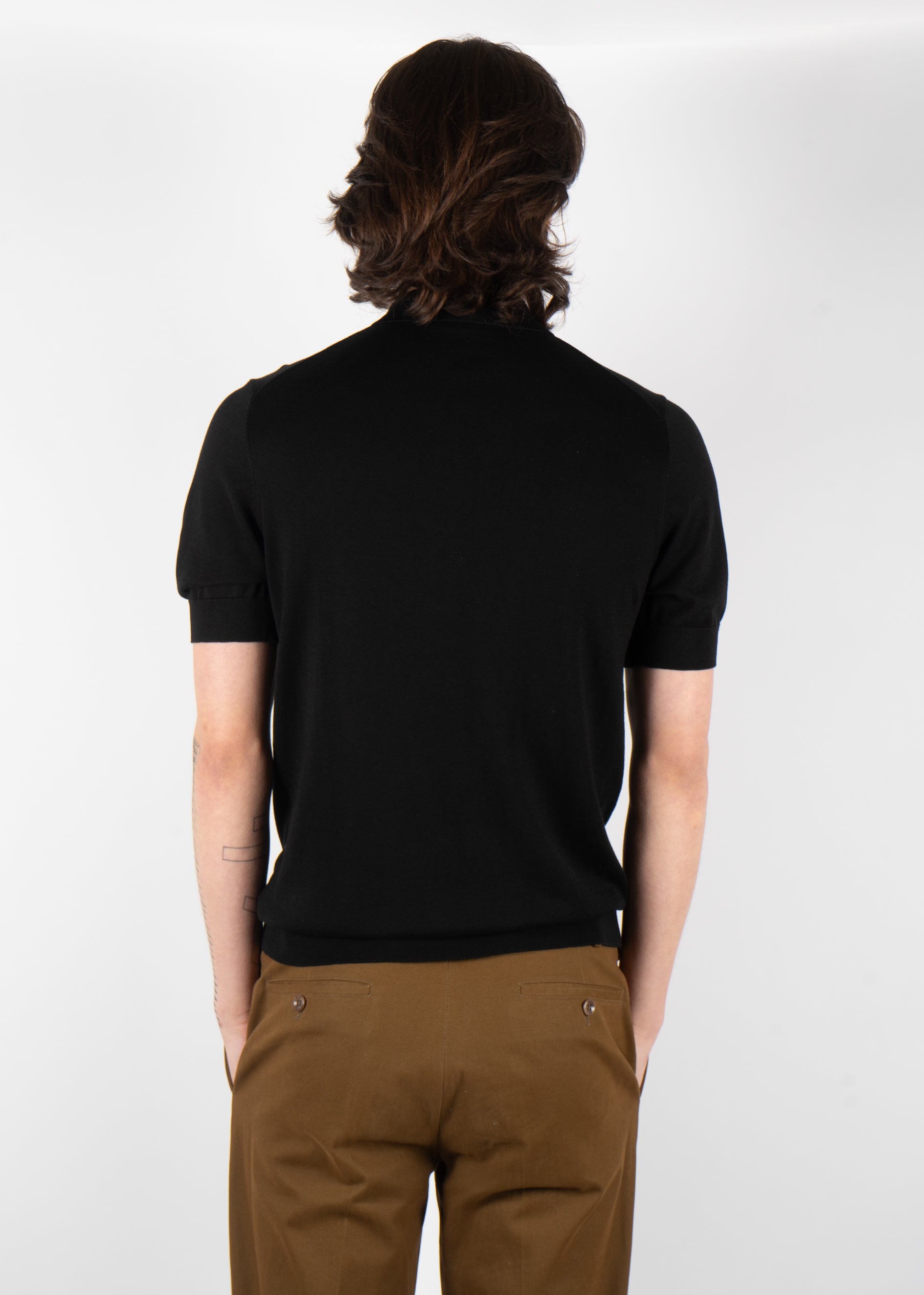 men’s black silk cotton knit polo
