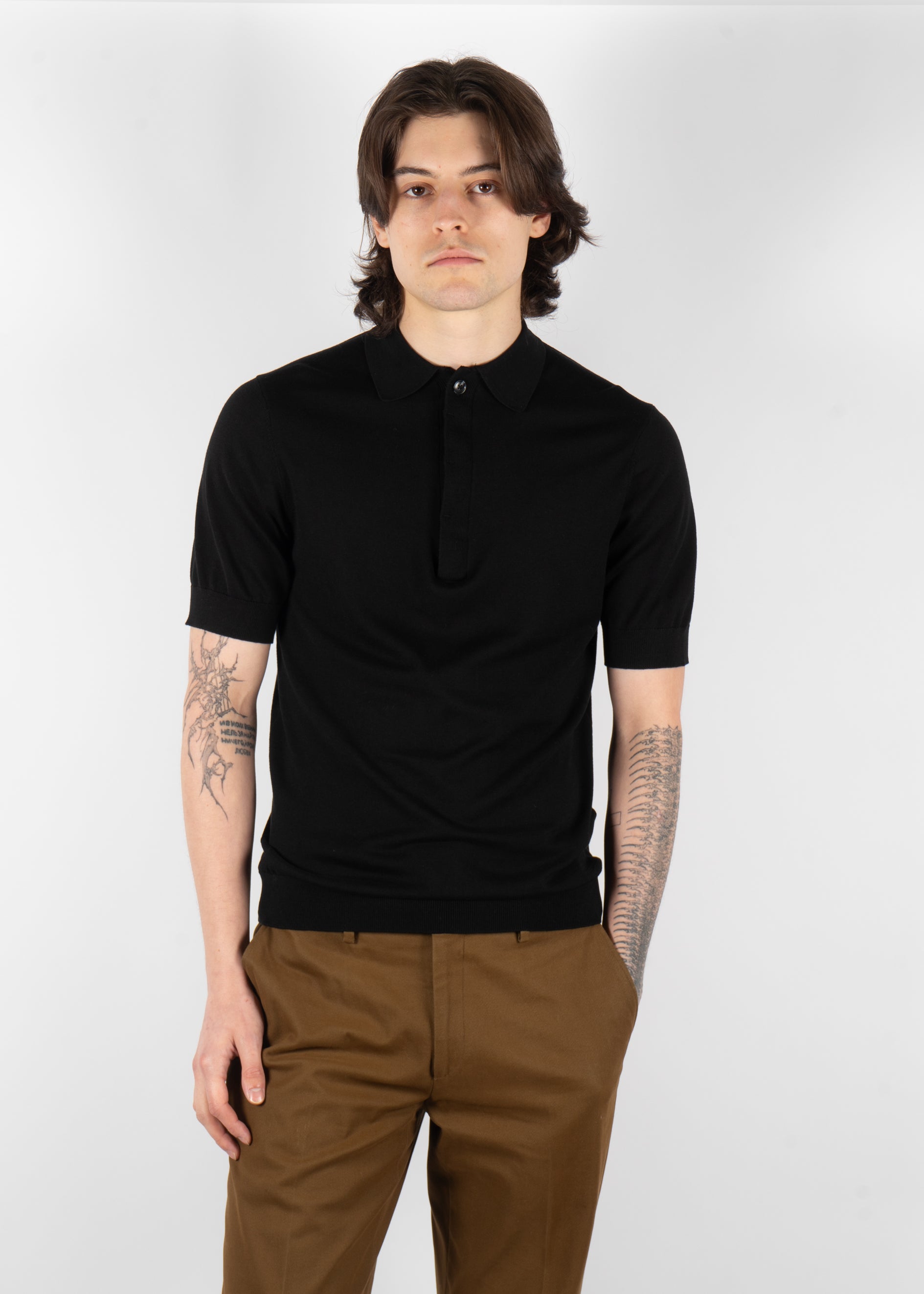men’s black silk cotton knit polo